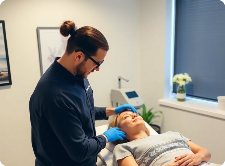 A TMS technician preparing a patient for a treatment session